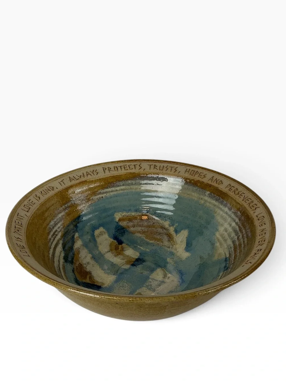 “Love Is Patient” Studio Pottery Bowl By Artist Bryan Becker Blue/Brown